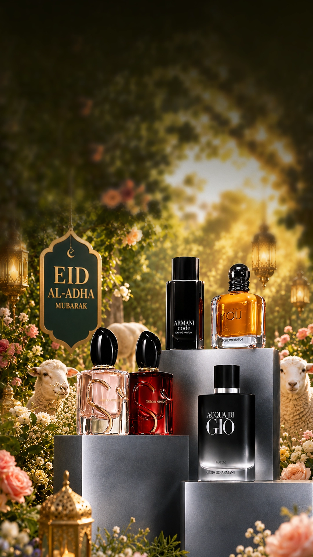 Eid Al-Adha luxury perfume gifting illustration with a fragrance bottle, ram, lantern, and desert mosque skyline